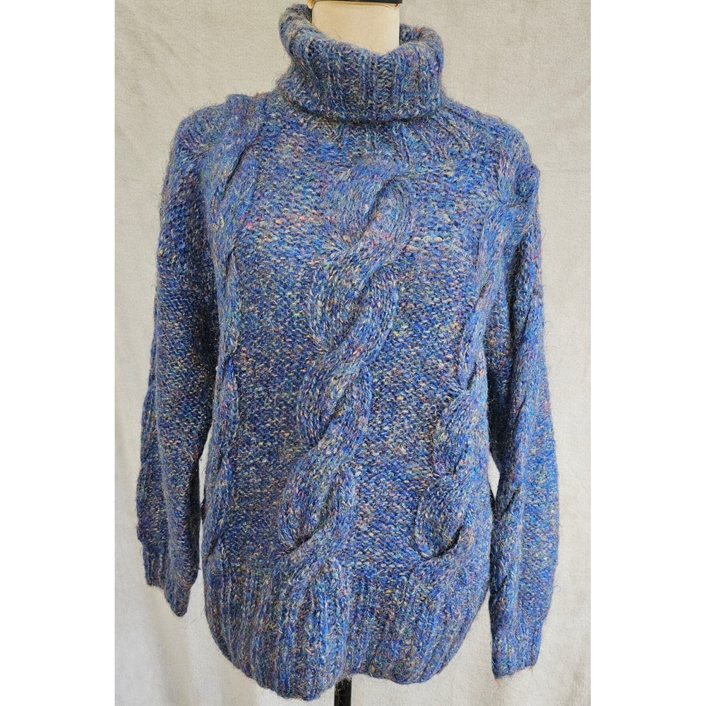 Vintage Hand Knitted Portugal Blue Marled Cable Knit Turtleneck Sweater Shimmer